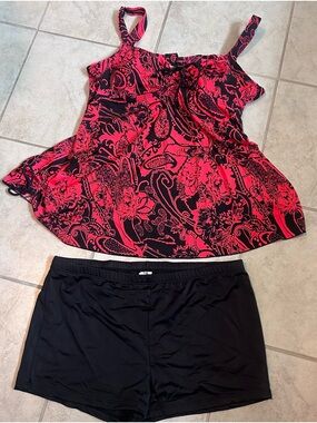 Black & Pink Floral A-line Tankini with short bottoms